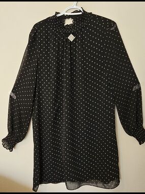 Black Sheer Dot Long Sleeve Tunic with Rhinestone Accent